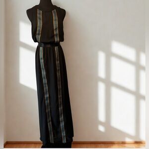 BEBE,‎ XS black sleeveless chiffon maxi dress. Aztec ribbon, lightweight travel